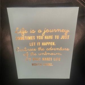 Wall Art - Blue canvas with“Life is a journey” Message in Gold Lettering